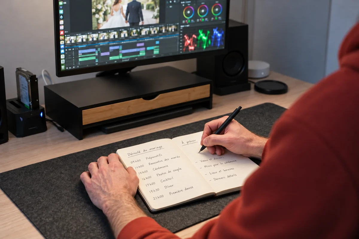 Préparation d’un film de mariage au bureau de Laurent, image générée à partir de son bureau